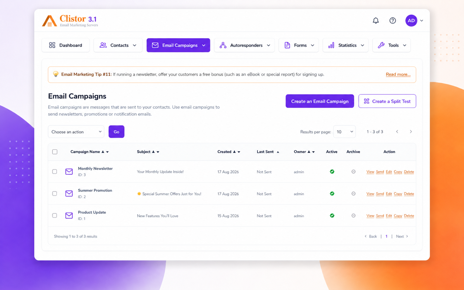 Clistor 3.1 email campaigns management