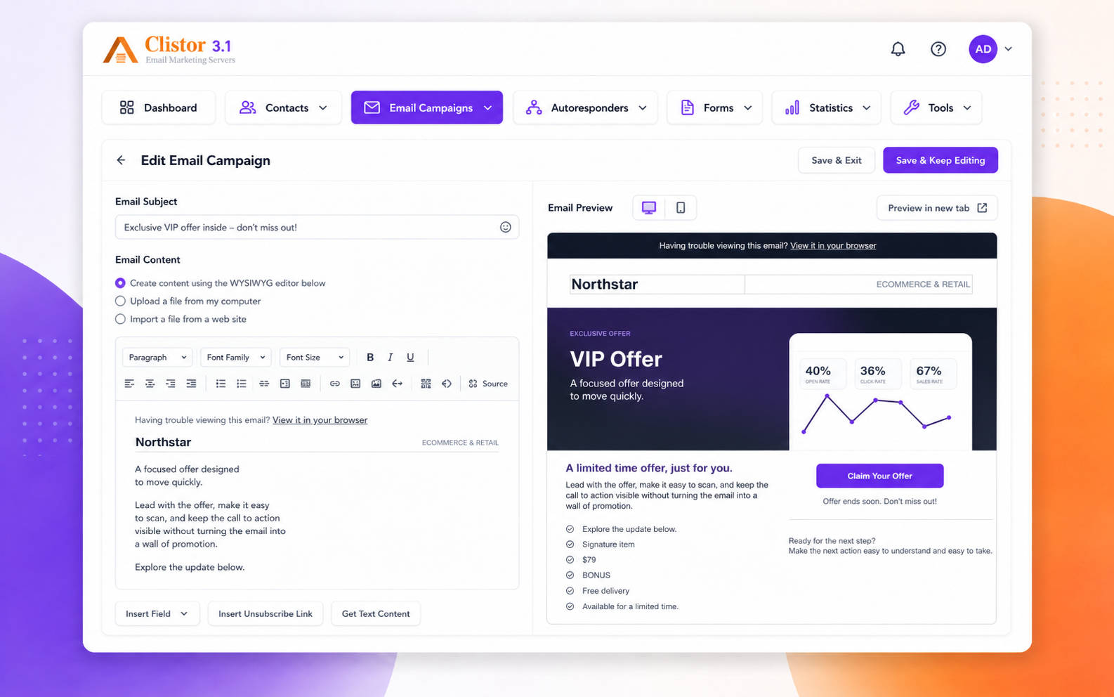 Clistor 3.1 email campaign editing workflow