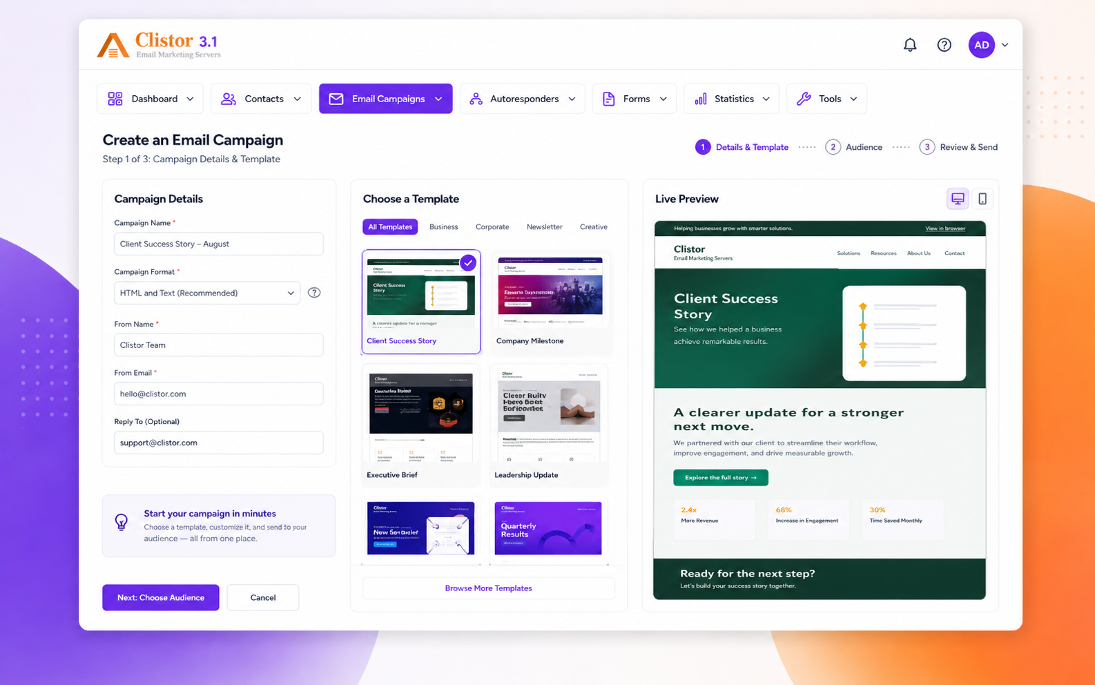 Clistor 3.1 email campaign setup and template selection