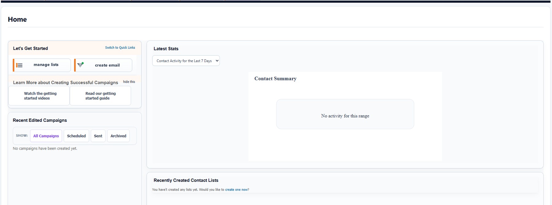 Clistor dashboard statistics and recent activity panels